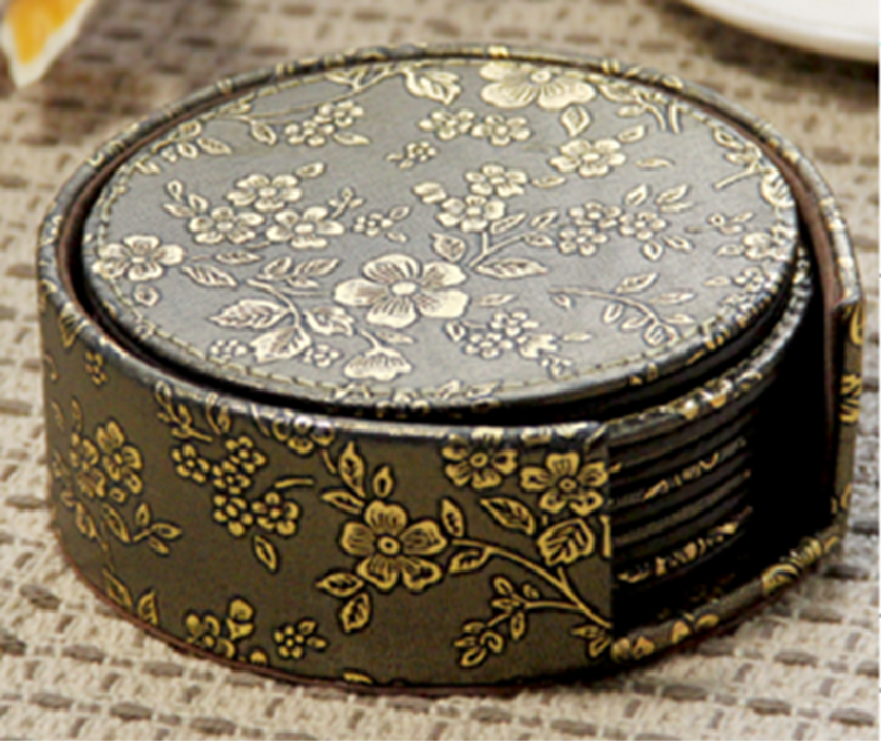 Black Floral Leather 6 Pc  Round Coasters  WAUCUST1479